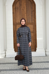 Ekose Desen Bronş Detay Arkadan Bağlamalı Elbise Lacivert