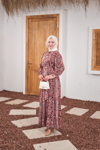Etnik Desen Büzgülü Kemer Detay Şifon Elbise Mürdüm