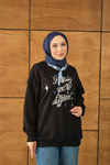 Fular Detay Yazı Nakışlı Sweat Siyah