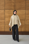 Gömlek Yaka Düğmeli Astarlı Oversize Gabardin Panço Trenç Krem