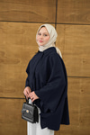 Gömlek Yaka Düğmeli Astarlı Oversize Gabardin Panço Trenç Lacivert
