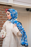 Gül Desen Soft Şal Saks Mavi