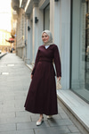 Kendinden Bağlamalı Poplin Elbise Mürdüm