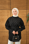 Kendinden Desenli Bel Bağlamalı Tunik Siyah