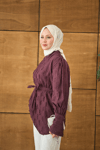Kendinden Desenli Bel Bağlamalı Tunik Mürdüm