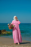 Kendinden Desenli Elbise Pembe