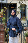 Kolları Fırfırlı Bel Bağlamalı Gömlek Lacivert