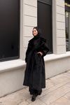 Kruvaze Yaka Bel Bağlamalı Kaban Siyah