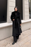 Kruvaze Yaka Bel Bağlamalı Kaban Siyah