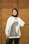 Leopar Kaplan Görünümlü Overise Sweat Beyaz