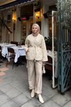 Nakış Desenli Bel Bağlamalı Ceket Krem