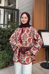 Ön Bağlamalı Etnik Desen Kimono Bordo