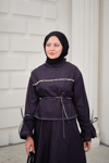 Önü İnci Detay Süs Dikiş Kemerli Hakim Yaka Takım Mor