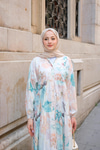 Pastel Gül Desenli Elbise Mavi