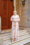 Pastel Gül Desenli Elbise Pudra
