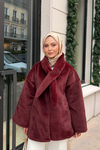 Peluş Detay Şallı Ceket Bordo