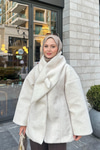 Peluş Detay Şallı Ceket Krem