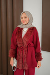 Peluş Detay Triko Takım Bordo