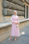 Pile Detay Bel Bağlamalı Elbise Pembe