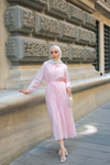 Pile Detay Bel Bağlamalı Elbise Pembe
