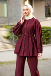 Pile Detaylı Kuşaklı İkili Takım Bordo