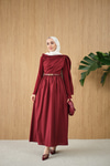Şal Detaylı Kemerli Poplin Elbise Bordo