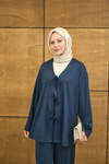 V Yaka Bağcıklı Regular Viskon Kimono Takım İndigo Mavi