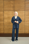 V Yaka Bağcıklı Regular Viskon Kimono Takım İndigo Mavi