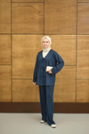 V Yaka Bağcıklı Regular Viskon Kimono Takım İndigo Mavi