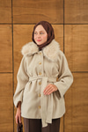 Yaka Kürk Detay Bel Bağlamalı Ceket Krem