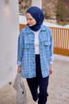 Yakma Kare Desenli Jean Ceket Buz Mavi