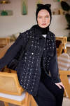 Yakma Kare Desenli Jean Ceket Siyah