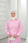 Yan Bağlamalı Çizgili Elbise Pembe