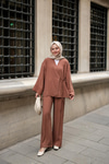 Yan Bağlamalı İkili Kimono Takım Açık Kahve