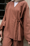 Yan Bağlamalı İkili Kimono Takım Açık Kahve