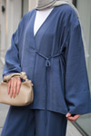 Yan Bağlamalı İkili Kimono Takım İndigo Mavi