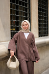 Yan Bağlamalı İkili Kimono Takım Kahverengi