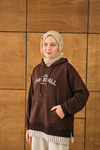 Yazı Baskılı Kapüşonlu Sweat Kahverengi