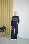 Yazı Baskılı Nakış İşlemeli Oversize Sweat Lacivert