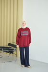 Yazı Baskılı Nakış İşlemeli Oversize Sweat Bordo