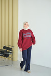 Yazı Baskılı Nakış İşlemeli Oversize Sweat Bordo