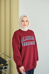 Yazı Baskılı Nakış İşlemeli Oversize Sweat Bordo