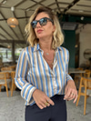 Mavi & Bej & Ekru Çizgili Saten Gömlek