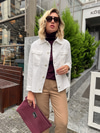 Taşlı Düğmeli Ekru Chanel Kumaş Astarsız Ceket