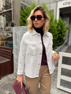 Taşlı Düğmeli Ekru Chanel Kumaş Astarsız Ceket