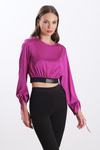 Beli Lastikli Saten Crop Bluz