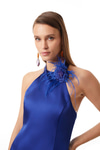 Saten Halter Yaka Broşlu Mini Elbise