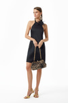 Saten Halter Yaka Broşlu Mini Elbise