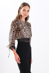 Saten Leopar Desen Dantelli Crop Bluz