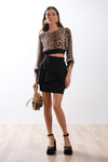Saten Leopar Desen Dantelli Crop Bluz